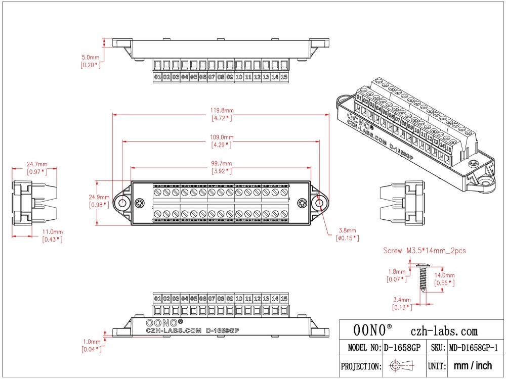 16Amp 300V 15x2 Position Terminal Block Distribution Module. OONO D-1658GP