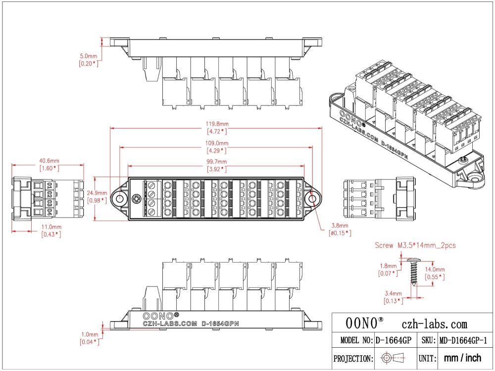 16Amp 300V 4x6 Position Pluggable Screwless Terminal Block Distribution Module. OONO D-1654GPN