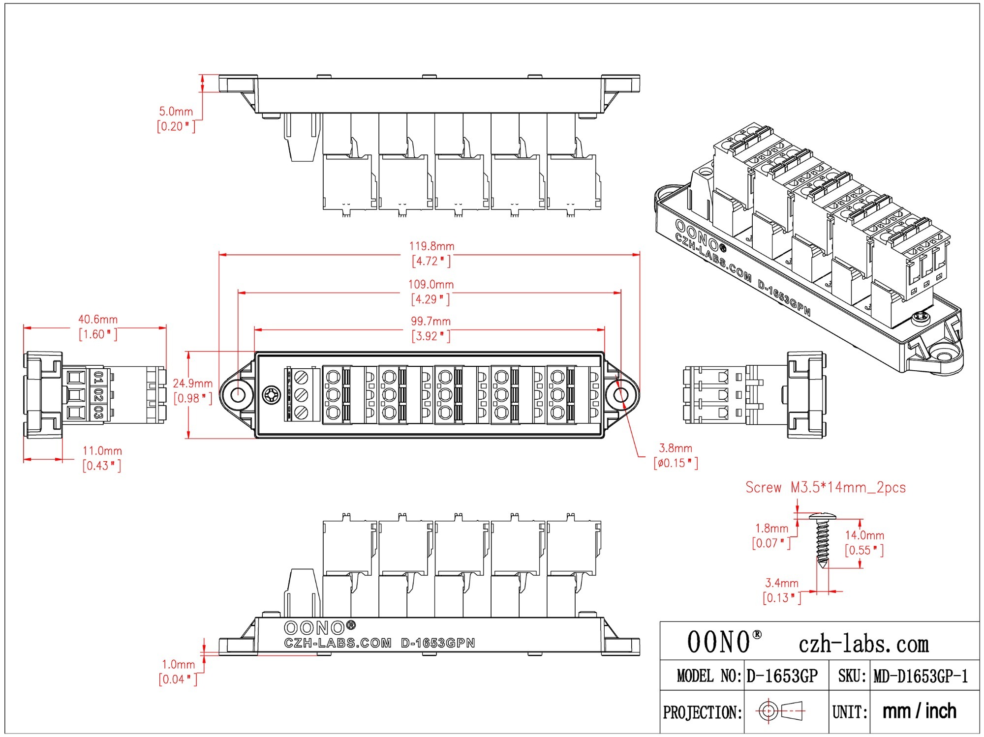 16Amp 300V 3x6 Position Pluggable Screwless Terminal Block Distribution Module. OONO D-1653GPN