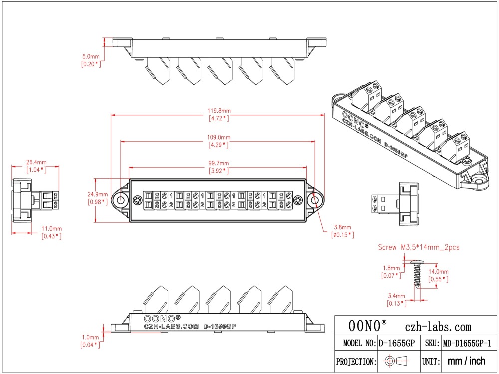 16Amp 300V 2x5 Position Terminal Block Distribution Module. OONO D-1655GP