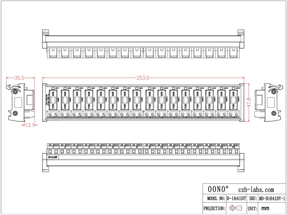 DIN Rail Mount DC 5 - 50V 16 Channel Fuse Module, OONO D-1641DT