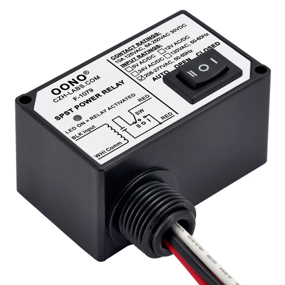 AC208-277V 240V Power Relay Module SPSP-NO + Override Switch, 10Amp 125VAC, 6A 250VAC/30Vdc, Plastic Enclosure and Pre-wired, OONO F-1079