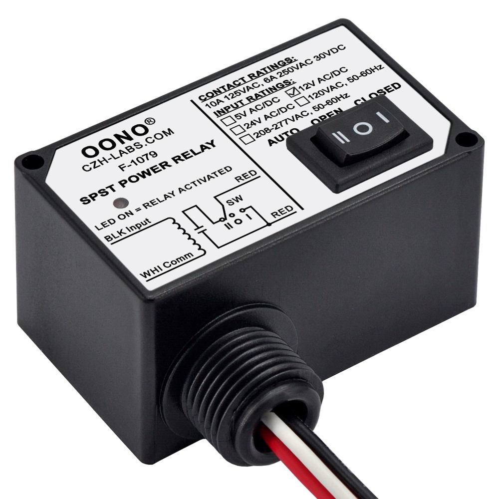 AC/DC 12V Power Relay Module SPSP-NO + Override Switch, 10Amp 125VAC, 6A 250VAC/30Vdc, Plastic Enclosure and Pre-wired, OONO F-1079