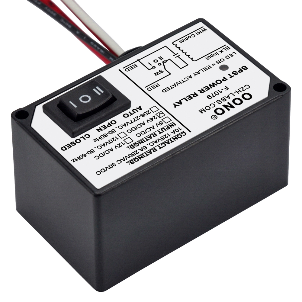 AC/DC 24V Power Relay Module SPSP-NO + Override Switch, 10Amp 125VAC, 6A 250VAC/30Vdc, Plastic Enclosure and Pre-wired, OONO F-1079