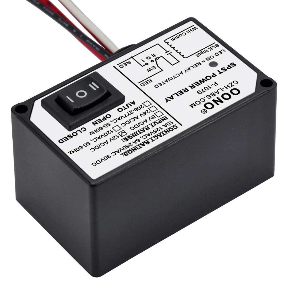 AC/DC 12V Power Relay Module SPSP-NO + Override Switch, 10Amp 125VAC, 6A 250VAC/30Vdc, Plastic Enclosure and Pre-wired, OONO F-1079