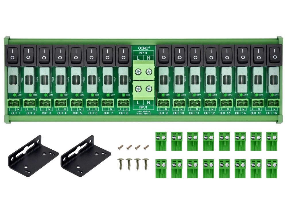 AC 52 Amp 16 Channel Power Distribution Module, Rocker Switch, Fused, Pluggable Top Wiring Terminal Block, DIN Rail and Screw Mount