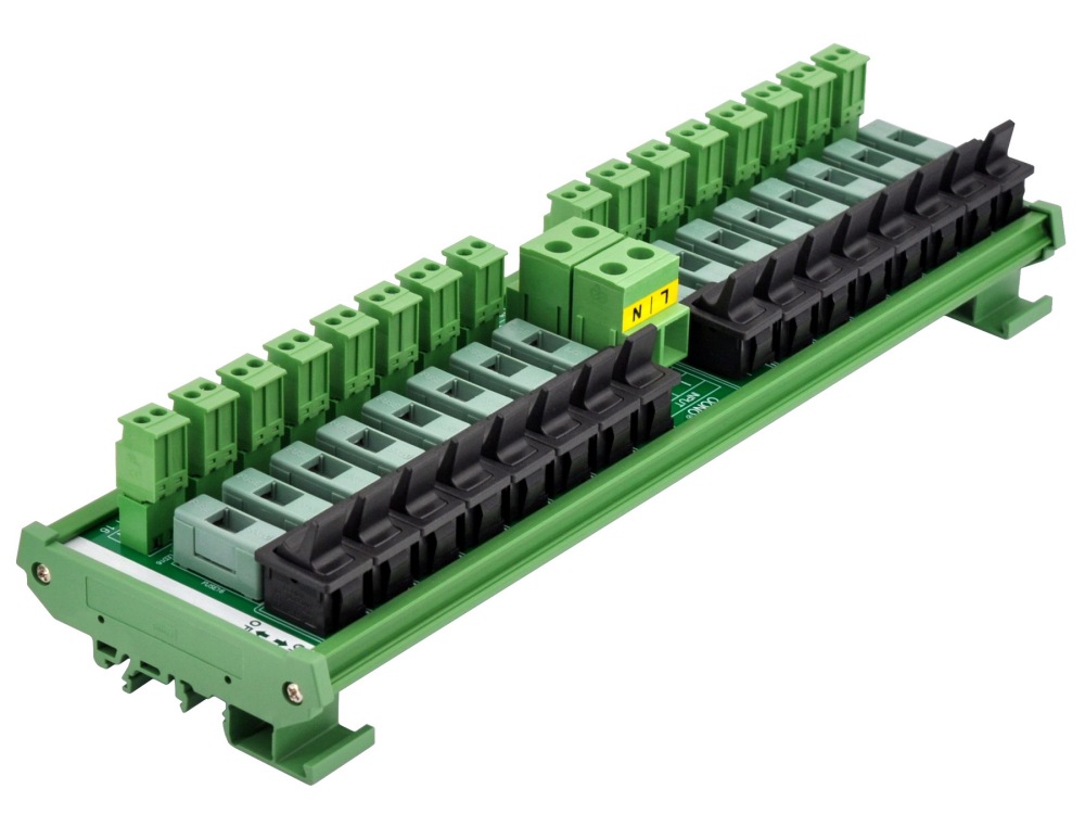 AC 52 Amp 16 Channel Power Distribution Module, Paddle Switch, Fused, Pluggable Side Wiring Terminal Block, DIN Rail and Screw Mount