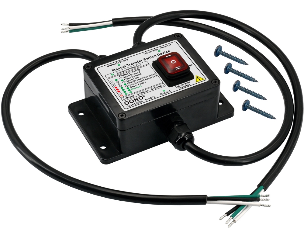Manual Transfer Switch, AC120V 15Amp, with Surge Protection and Power Polarity Monitoring, for Generator, Inverter, Solar. OONO F-1072