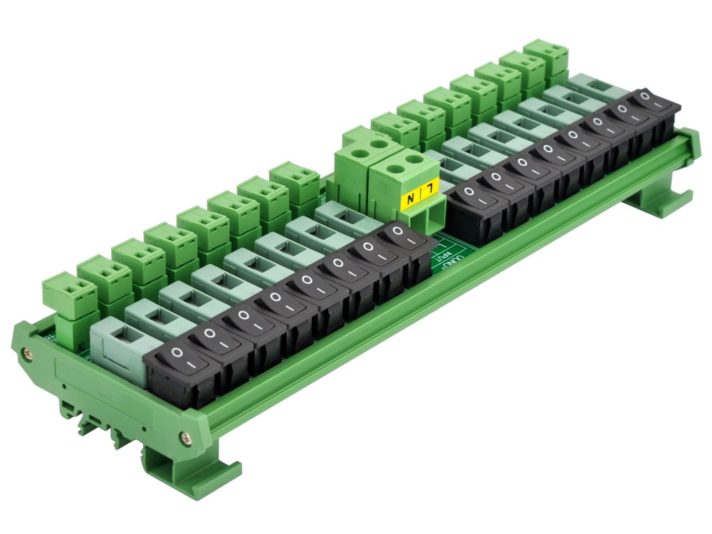AC 52 Amp 16 Channel Power Distribution Module, Rocker Switch, Fused, Pluggable Top Wiring Terminal Block, DIN Rail and Screw Mount