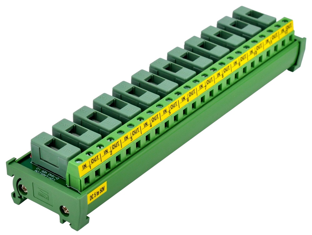 DIN Rail Mount DC 5 - 50V 12 Channel Fuse Module, OONO D-1640DT