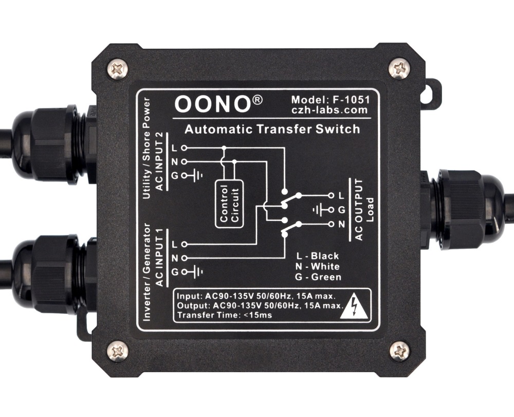 Automatic Transfer Switch, AC120V 15A NEMA 5-15P 5-15R, ATS Auto Transfer Switch, OONO F-1051B
