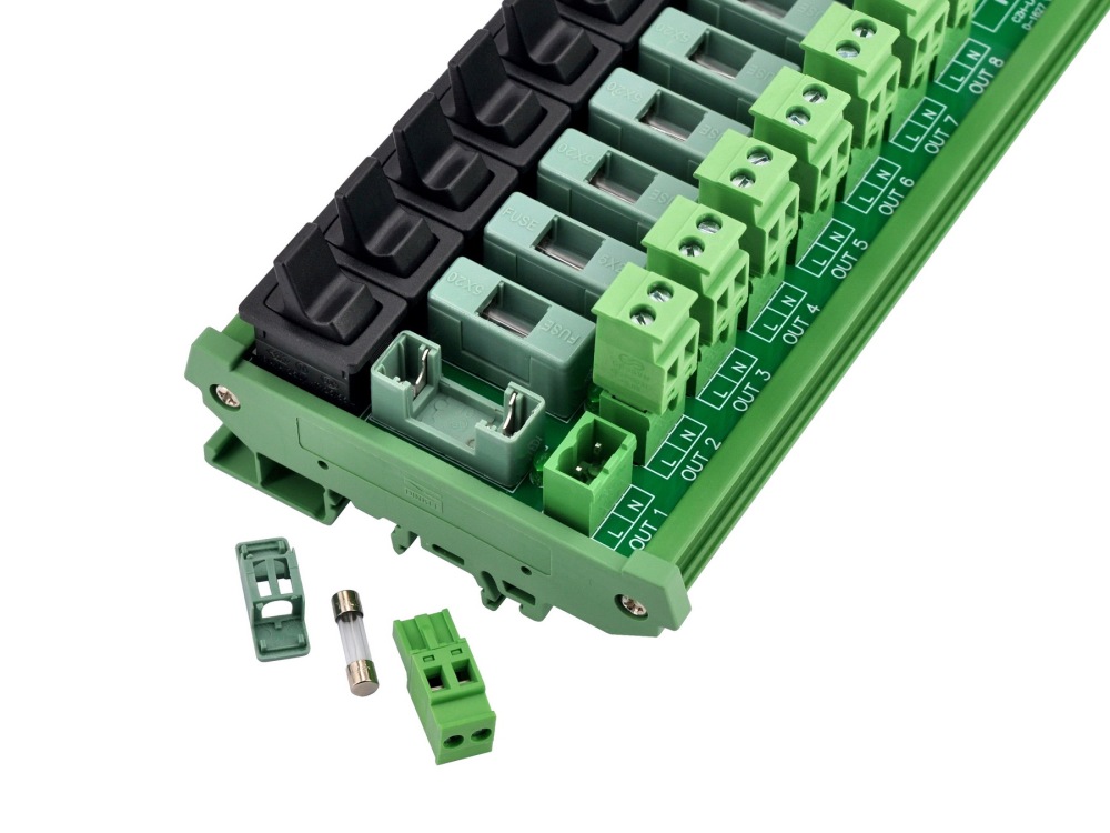 AC 52 Amp 16 Channel Power Distribution Module, Paddle Switch, Fused, Pluggable Side Wiring Terminal Block, DIN Rail and Screw Mount
