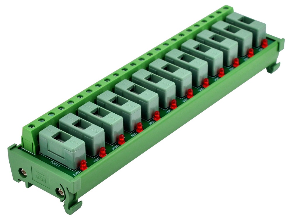 DIN Rail Mount DC 5 - 50V 12 Channel Fuse Module, OONO D-1640DT