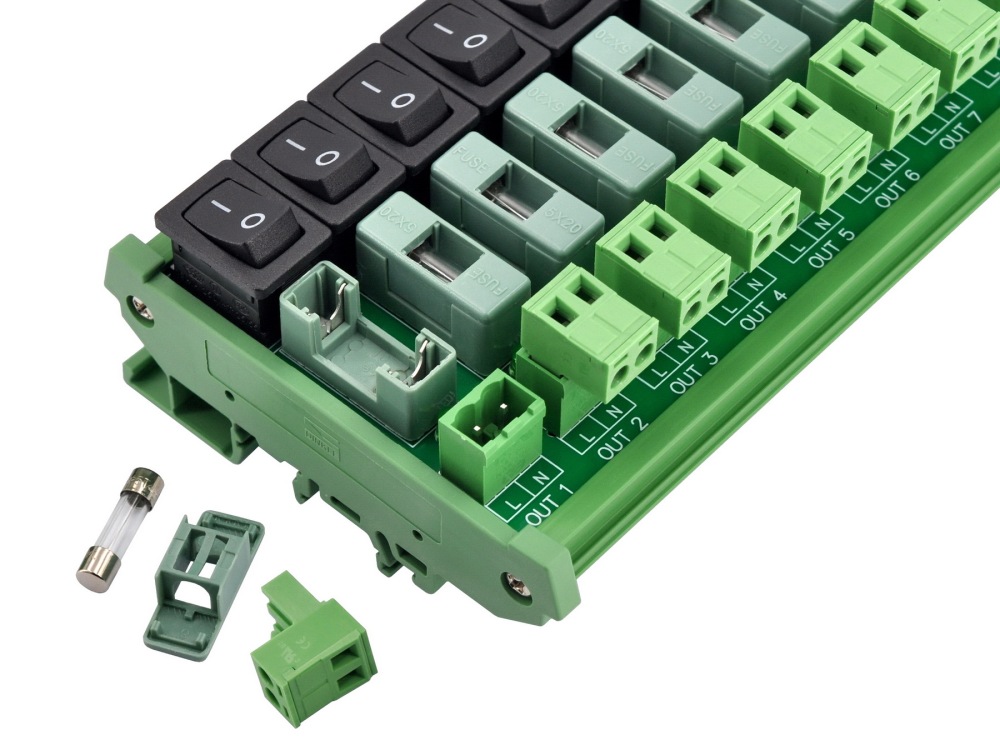 AC 52 Amp 16 Channel Power Distribution Module, Rocker Switch, Fused, Pluggable Top Wiring Terminal Block, DIN Rail and Screw Mount