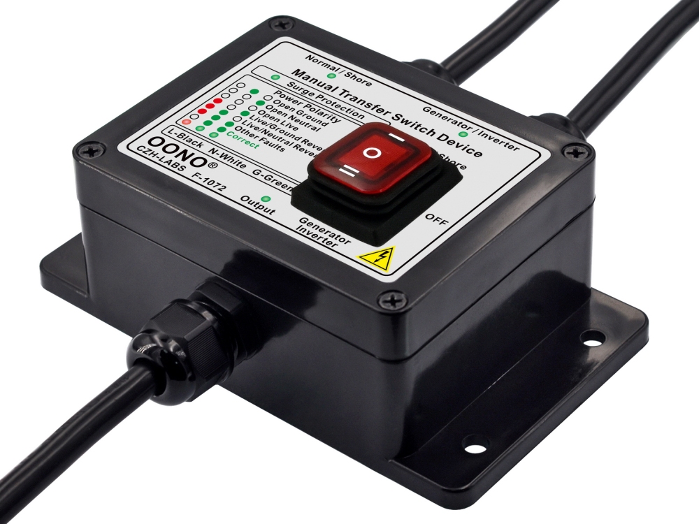 Manual Transfer Switch, AC120V 15Amp, with Surge Protection and Power Polarity Monitoring, for Generator, Inverter, Solar. OONO F-1072