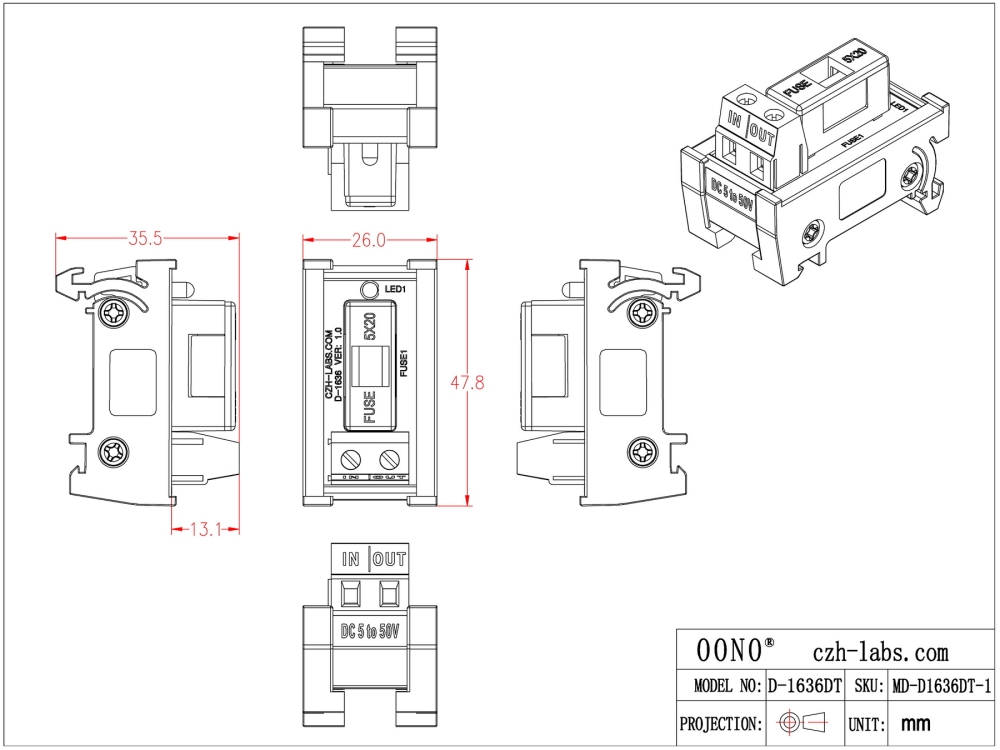 DIN Rail Mount DC 5 - 50V 1 Channel Fuse Module, OONO D-1636DT