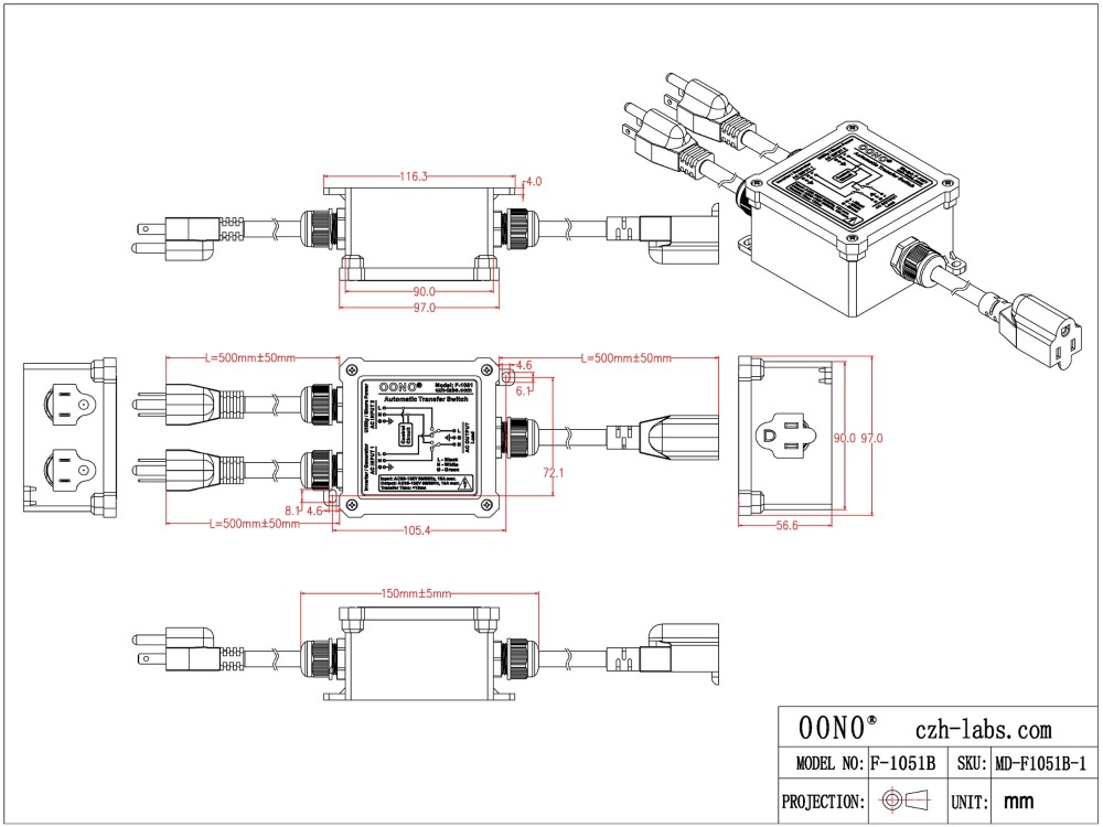 Automatic Transfer Switch, AC120V 15A NEMA 5-15P 5-15R, ATS Auto Transfer Switch, OONO F-1051B