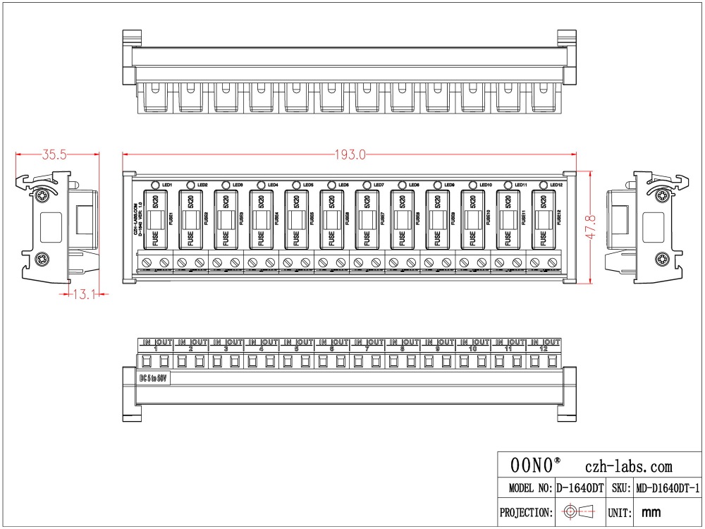 DIN Rail Mount DC 5 - 50V 12 Channel Fuse Module, OONO D-1640DT