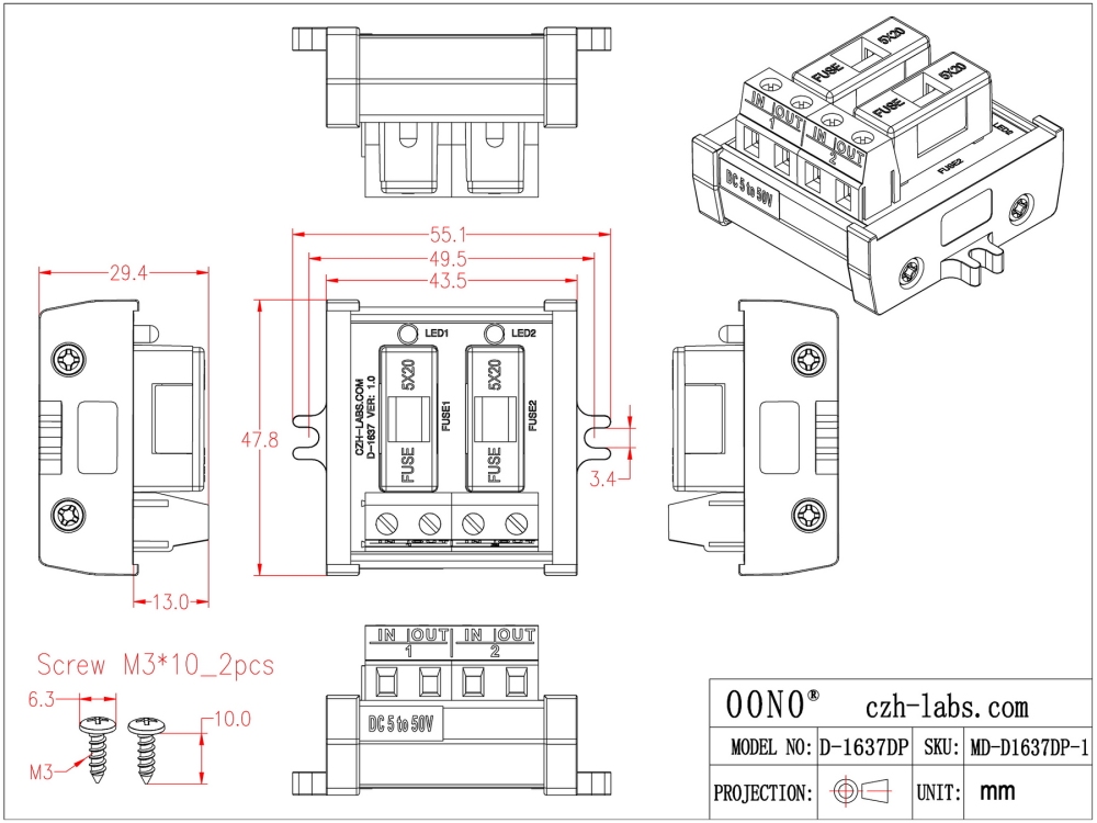 Screw Mount DC 5 - 50V 2 Channel Fuse Module, OONO D-1637DP