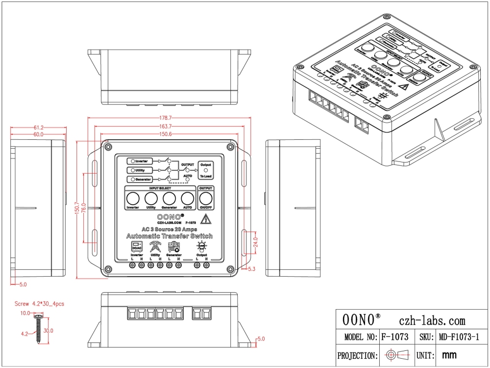 Manual and Automatic Transfer Switch, 3 Input 1 Output, AC120V 20A, ATS Auto Transfer Switch. OONO F-1073/120V