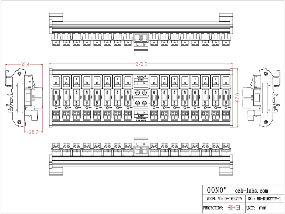 AC 52 Amp 16 Channel Power Distribution Module, Rocker Switch, Fused, Pluggable Top Wiring Terminal Block, DIN Rail and Screw Mount