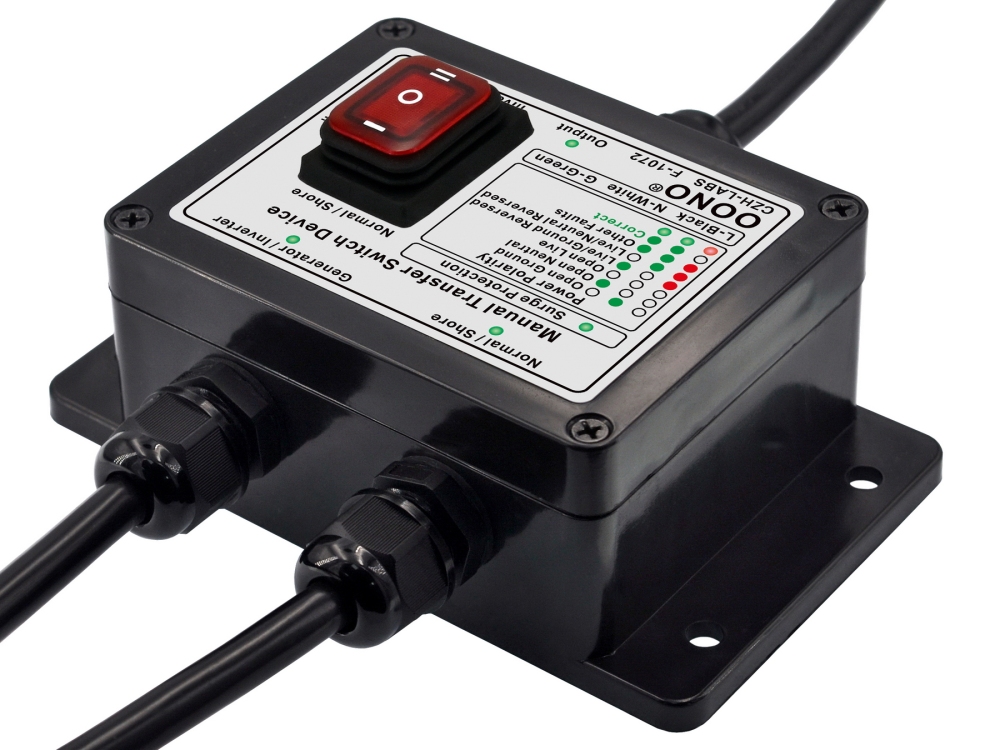 Manual Transfer Switch, AC120V 15Amp, with Surge Protection and Power Polarity Monitoring, for Generator, Inverter, Solar. OONO F-1072