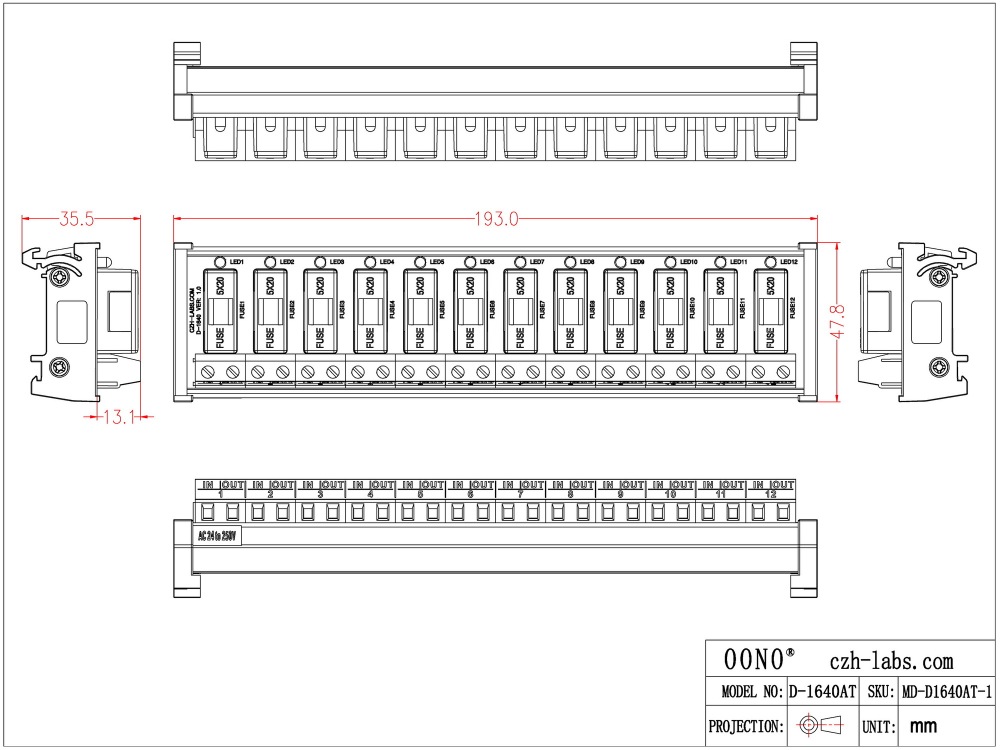 DIN Rail Mount AC 24 - 250V 12 Channel Fuse Module, OONO D-1640AT
