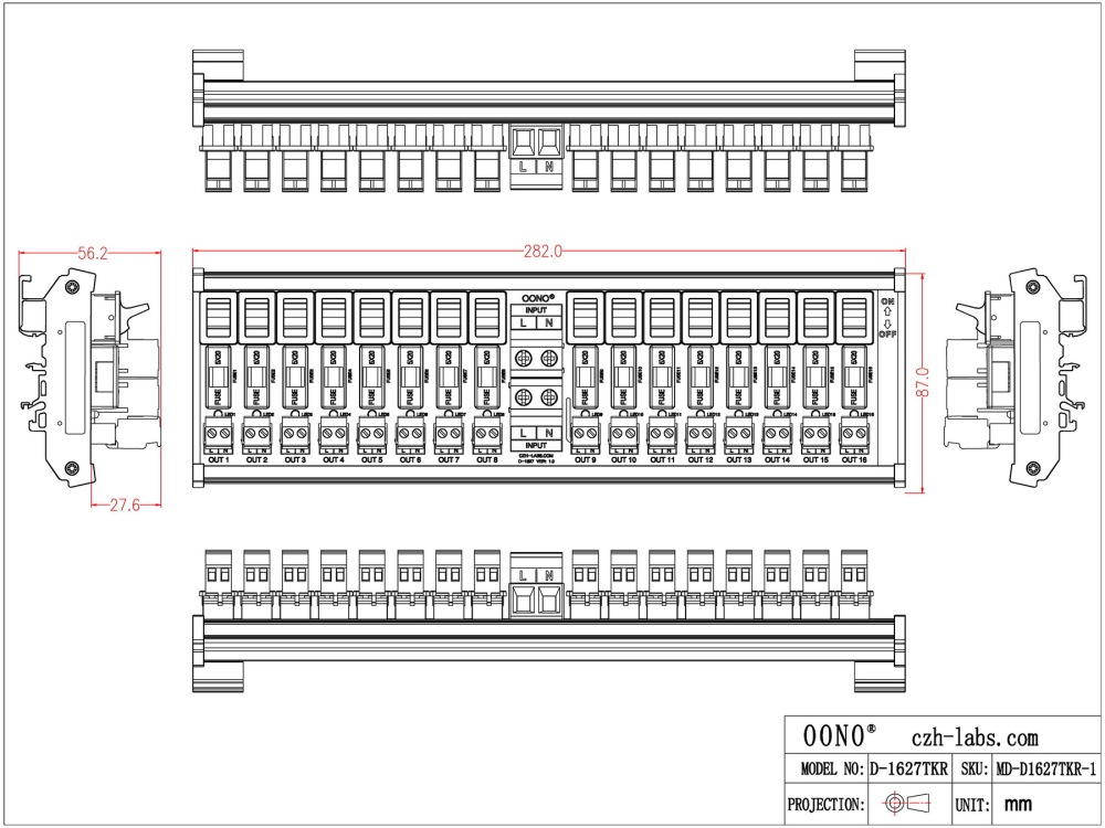 AC 52 Amp 16 Channel Power Distribution Module, Paddle Switch, Fused, Pluggable Side Wiring Terminal Block, DIN Rail and Screw Mount