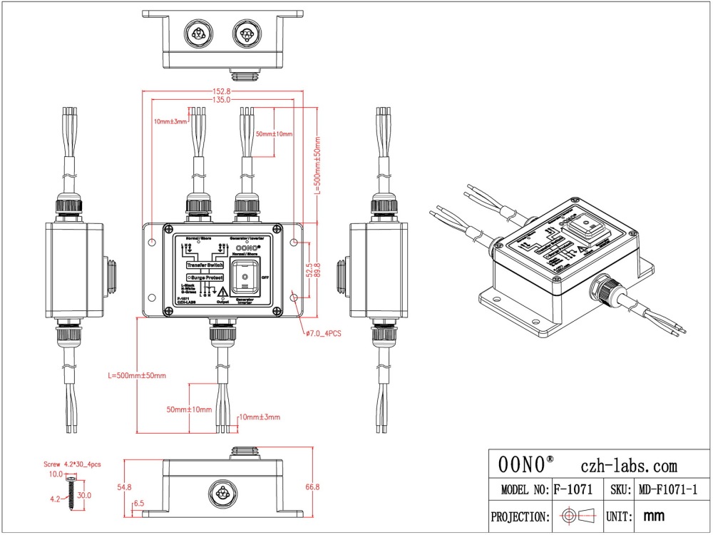 Manual Transfer Switch, AC120V 15Amp, with Surge Protection, for Generator, Inverter, Solar. OONO F-1071