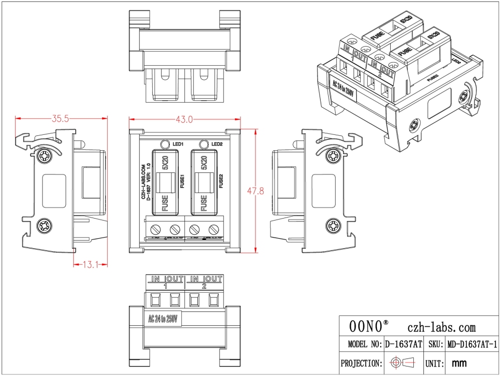 DIN Rail Mount AC 24 - 250V 2 Channel Fuse Module, OONO D-1637AT