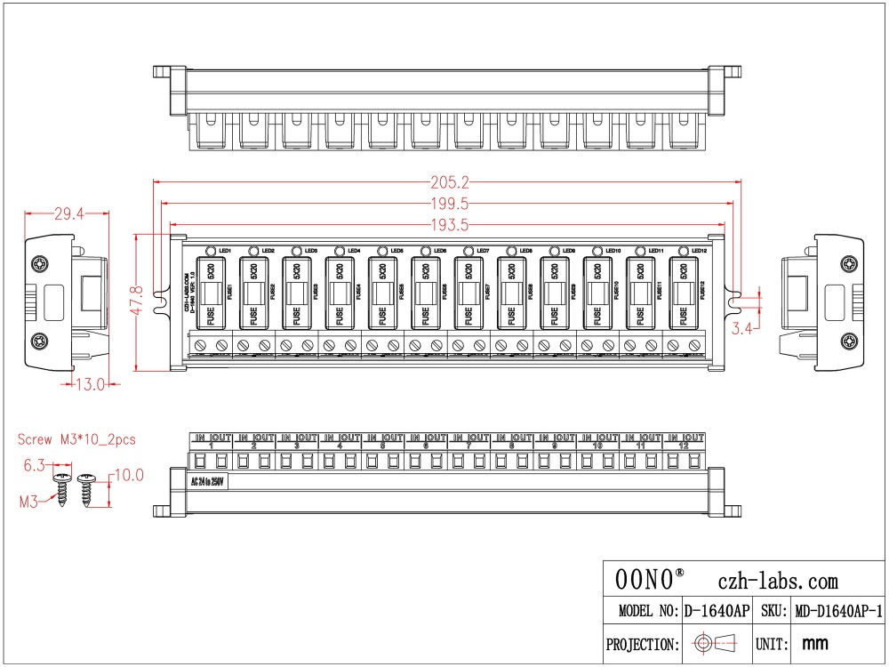 Screw Mount AC 24 - 250V 12 Channel Fuse Module, OONO D-1640AP