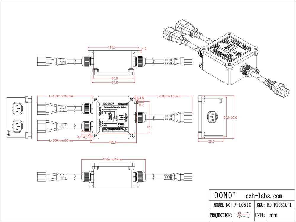 Automatic Transfer Switch, AC120V 15A IEC320 C14 C13, ATS Auto Transfer Switch, OONO F-1051C