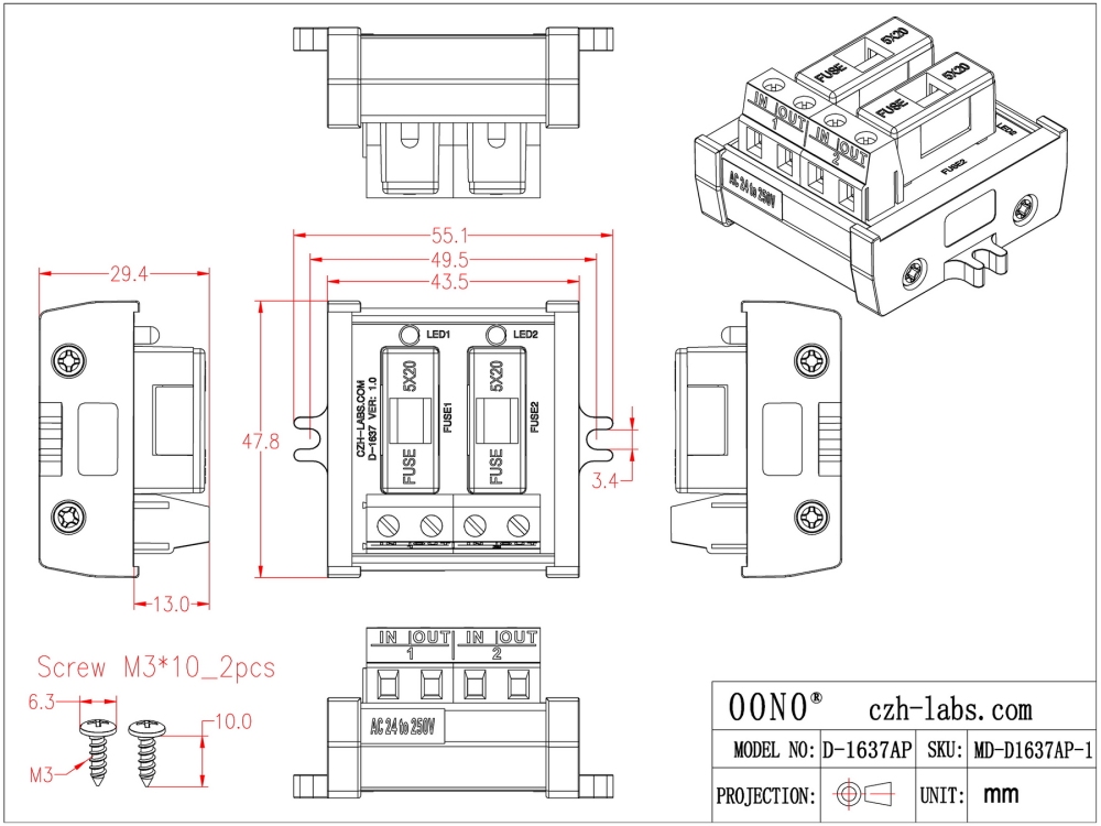 Screw Mount AC 24 - 250V 2 Channel Fuse Module, OONO D-1637AP