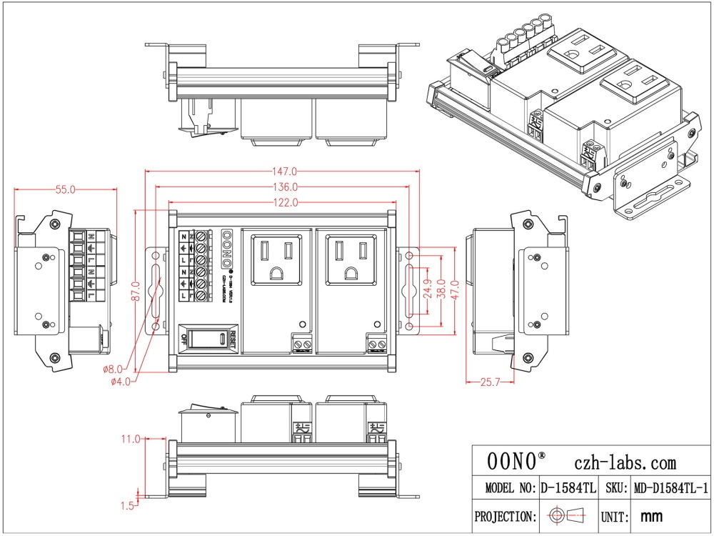 AC Power 2 Channel IoT Relay Outlet Module, DIN Rail or Screw Mounting