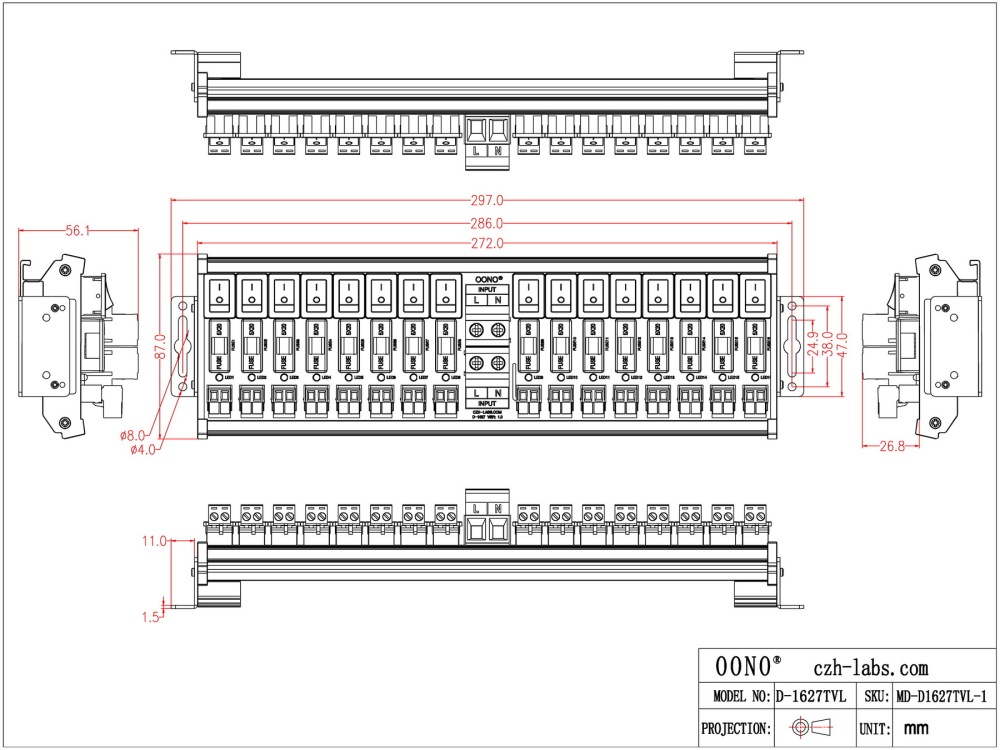 AC 52 Amp 16 Channel Power Distribution Module, Rocker Switch, Fused, Pluggable Top Wiring Terminal Block, DIN Rail and Screw Mount