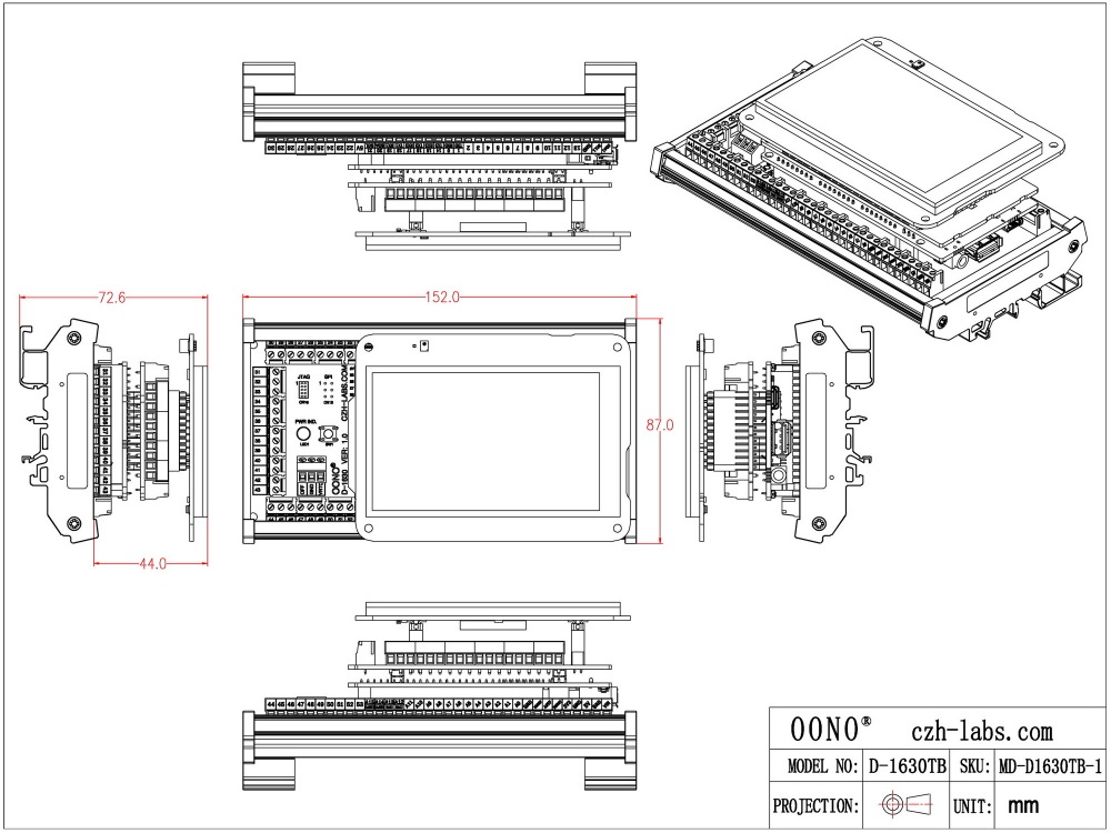 Terminal Block Adapter Module for Arduino GIGA R1 WiFi, DIN Rail or Screw Mount, GPIO Breakout Board, Full GPIO Version