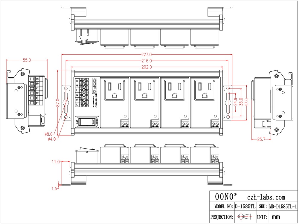 AC Power 4 Channel IoT Relay Outlet Module, DIN Rail or Screw Mounting