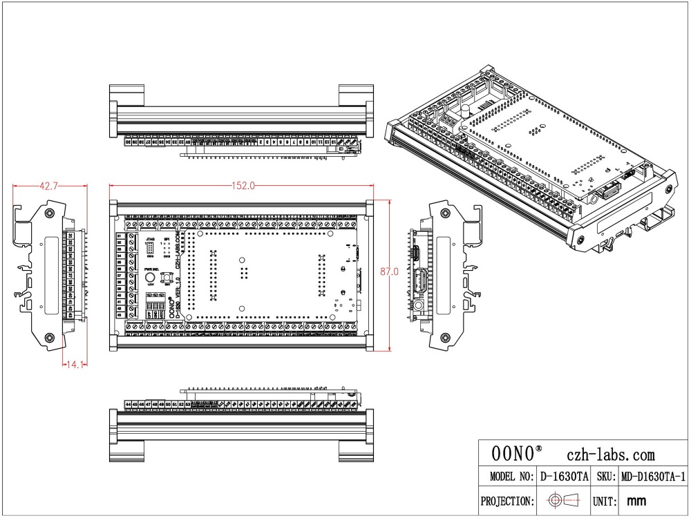 Terminal Block Adapter Module for Arduino GIGA R1 WiFi, DIN Rail or Screw Mount, GPIO Breakout Board, Standard Version