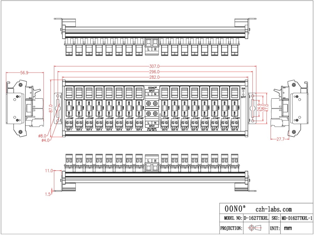 AC 52 Amp 16 Channel Power Distribution Module, Paddle Switch, Fused, Pluggable Side Wiring Terminal Block, DIN Rail and Screw Mount