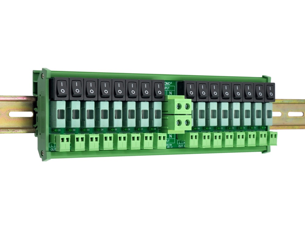 AC 52 Amp 16 Channel Power Distribution Module, Rocker Switch, Fused, Pluggable Top Wiring Terminal Block, DIN Rail and Screw Mount