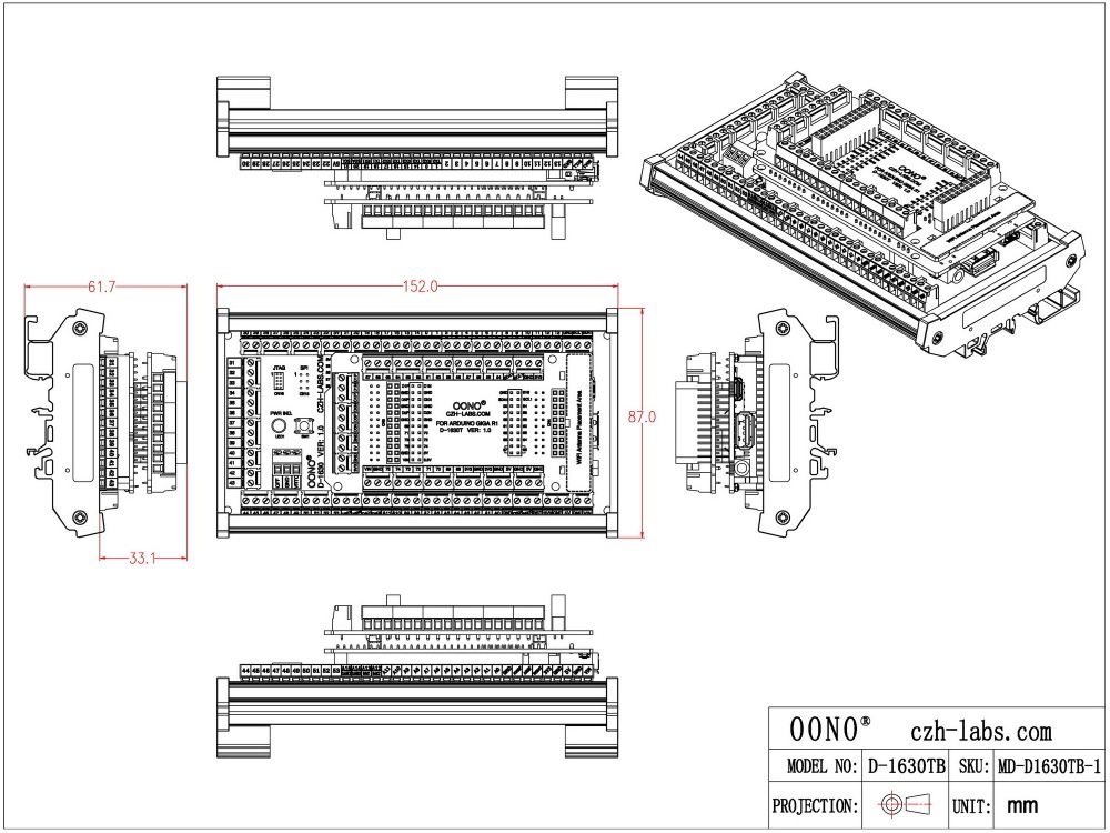 Terminal Block Adapter Module for Arduino GIGA R1 WiFi, DIN Rail or Screw Mount, GPIO Breakout Board, Full GPIO Version