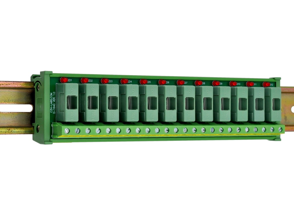 DIN Rail Mount AC 24 - 250V 12 Channel Fuse Module, OONO D-1640AT