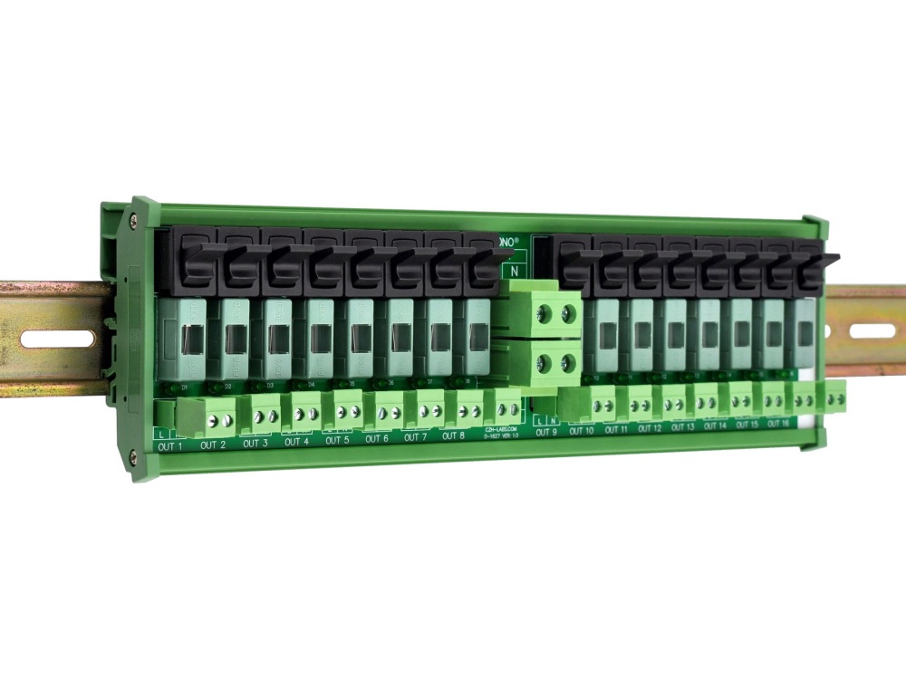 AC 52 Amp 16 Channel Power Distribution Module, Paddle Switch, Fused, Pluggable Side Wiring Terminal Block, DIN Rail and Screw Mount