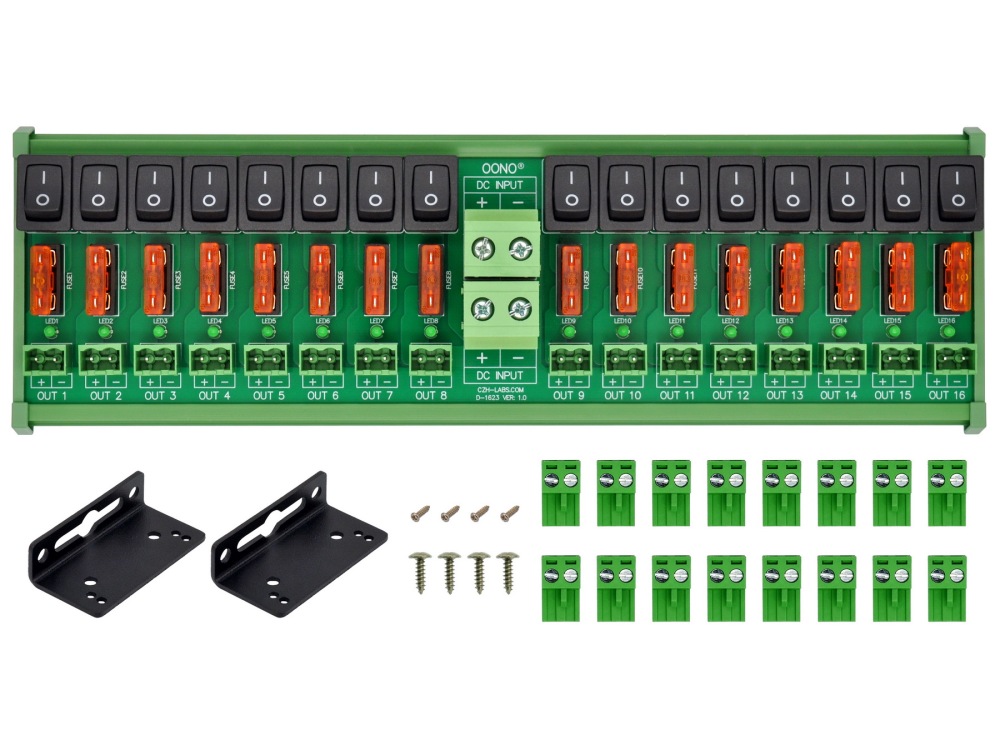 DC 52 Amp 16 Channel Power Distribution Module, Rocker Switch, Fused, Pluggable Top Wiring Terminal Block, DIN Rail and Screw Mount