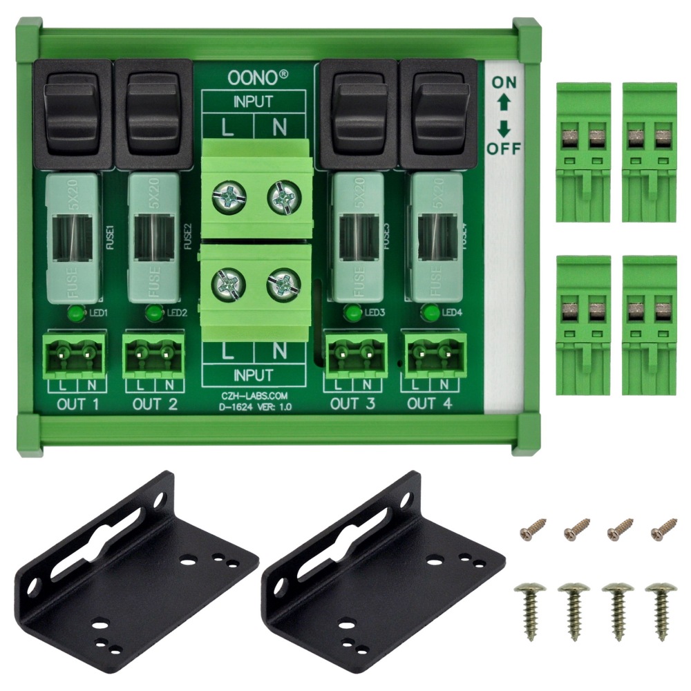 AC 52 Amp 4 Channel Power Distribution Module, Paddle Switch, Fused, Pluggable Side Wiring Terminal Block, DIN Rail and Screw Mount