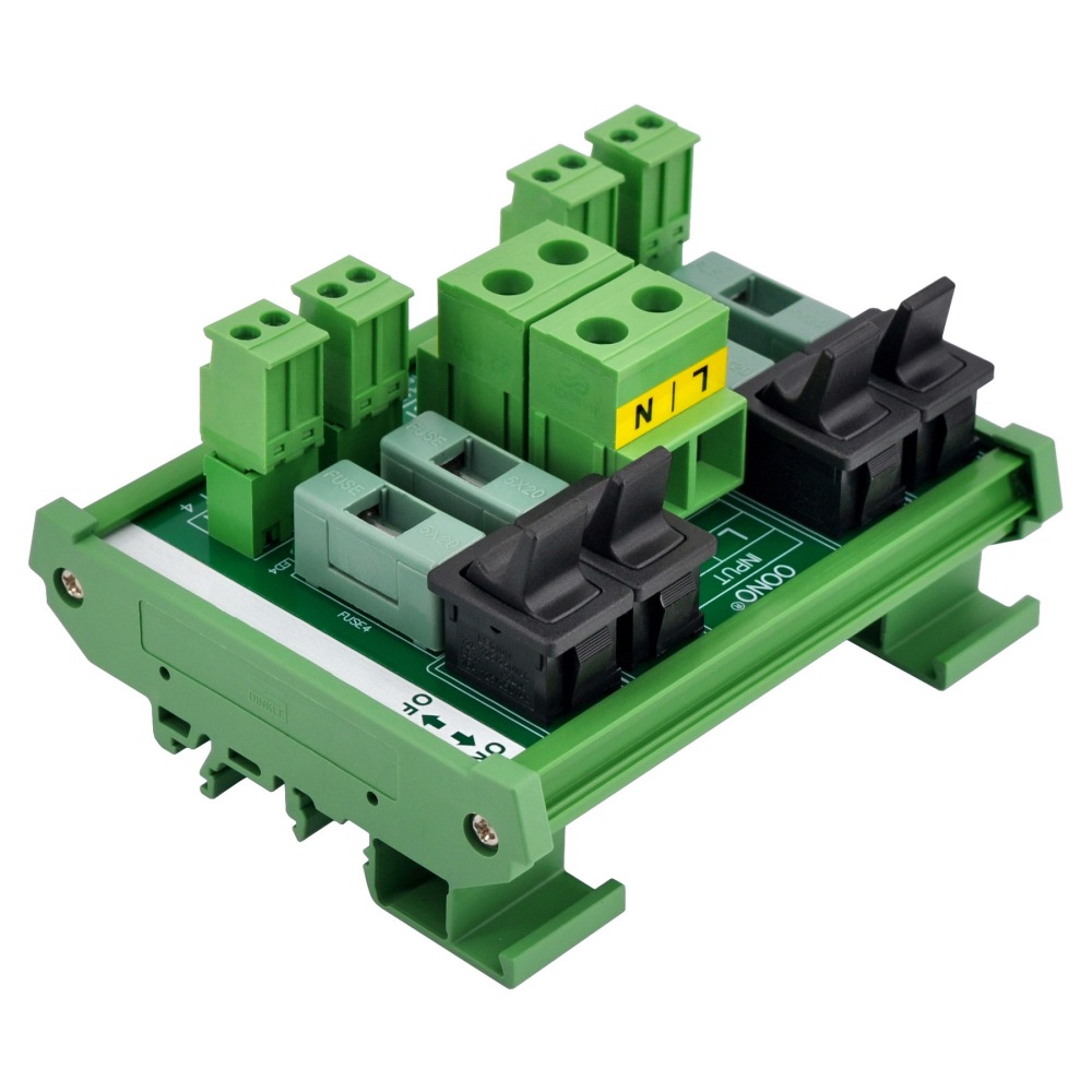 AC 52 Amp 4 Channel Power Distribution Module, Paddle Switch, Fused, Pluggable Side Wiring Terminal Block, DIN Rail and Screw Mount