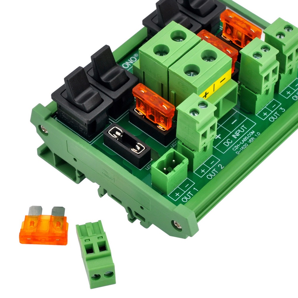 DC 52 Amp 4 Channel Power Distribution Module, Paddle Switch, Fused, Pluggable Side Wiring Terminal Block, DIN Rail and Screw Mount