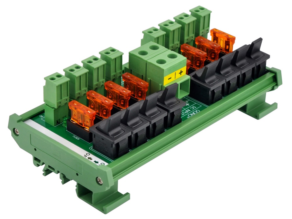 DC 52 Amp 8 Channel Power Distribution Module, Paddle Switch, Fused, Pluggable Side Wiring Terminal Block, DIN Rail and Screw Mount