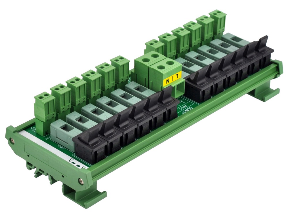 AC 52 Amp 12 Channel Power Distribution Module, Paddle Switch, Fused, Pluggable Side Wiring Terminal Block, DIN Rail and Screw Mount