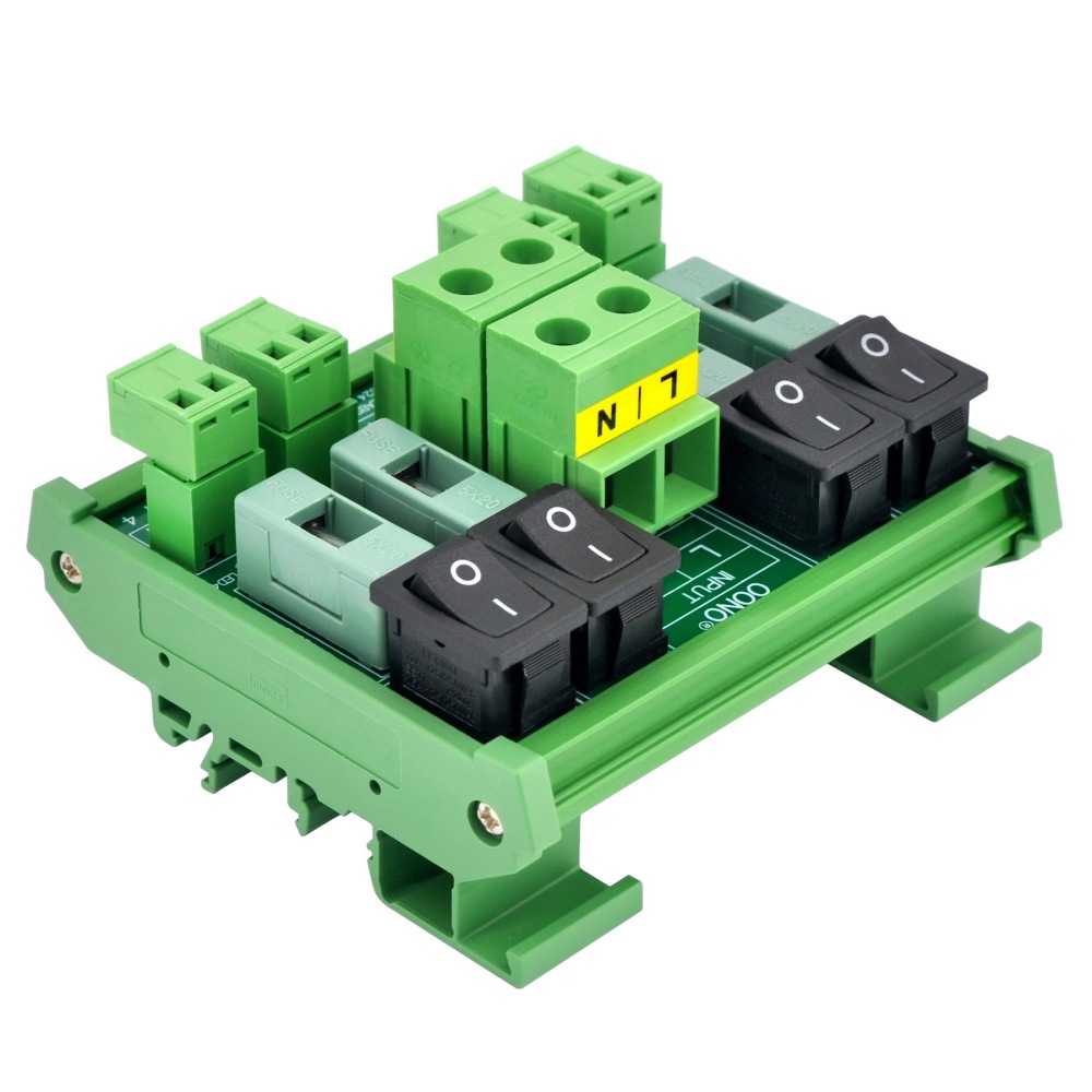 AC 52 Amp 4 Channel Power Distribution Module, Rocker Switch, Fused, Pluggable Top Wiring Terminal Block, DIN Rail and Screw Mount